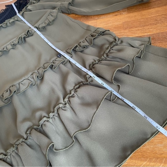 David Naman Italian Designer Green Mini Ruffle Dress with Mesh and Long Sleeves - Picture 12 of 13